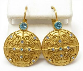 Vintage Avon Nina Ricci Gold - Tone Blue Crystal Disc Earrings 2