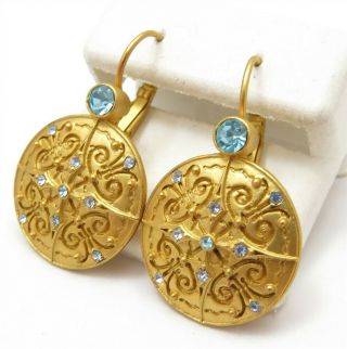 Vintage Avon Nina Ricci Gold - Tone Blue Crystal Disc Earrings 3