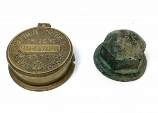 Vintage Brass Neptune Meter Co.  Cover Lid & Nut Cap - York Water - Steampunk