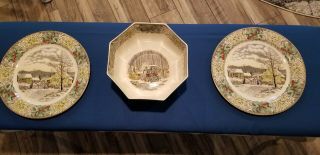 Antique Currier 2 England Winter Scenes Dinner Plates 10.  5 " & 1 Bowl