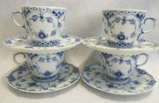 Antique Royal Copenhagen Set Of 4 Blue Fluted,  Half Lace Cup Saucer Set 1st