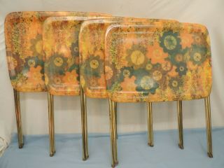 Set Of 4 Vintage Mid - Century Folding Dinner Tv Trays Brass Legs Colorful Pattern