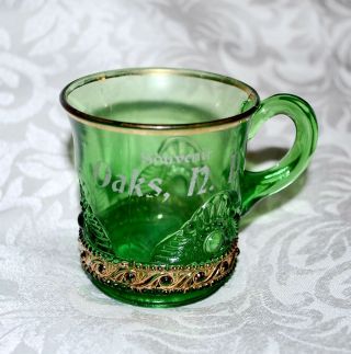 Vintage Green Depression Glass Souvenir Fair Carnival Cup Oaks,  North Dakota
