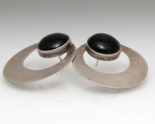 Vintage Sterling Silver And Black Onyx Round Earrings