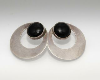 Vintage Sterling Silver and Black Onyx Round Earrings 2