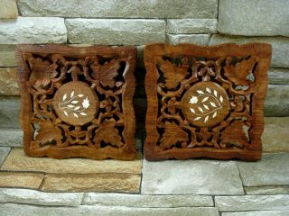 2 Vintage Hand Carved Wooden Trivet Teak Wood Hot Plate Stand Made In India