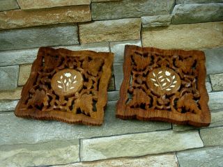 2 Vintage Hand Carved Wooden Trivet Teak Wood Hot Plate Stand Made in India 2