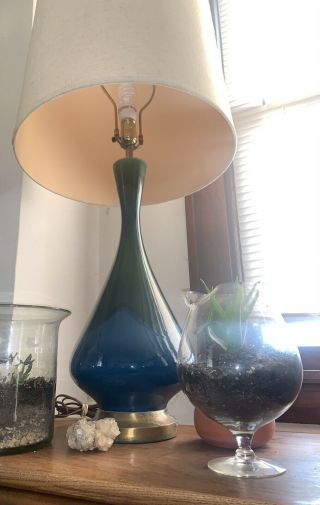 Gorgeous Vtg Mid Century Mod Blue Green Drip Glaze Tall Table Lamp Brass Base