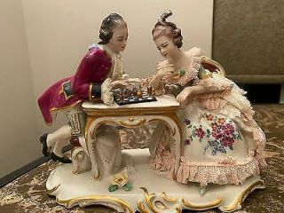 Vintage Antique Dresden Capodimonte Porcelain Chess Playing Couple