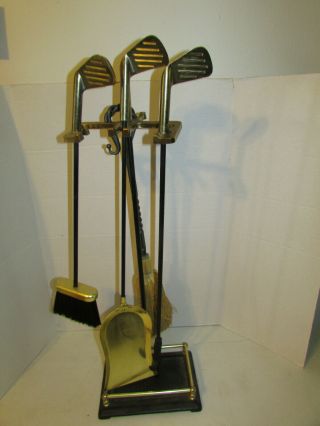 Vintage Golf 4 Piece Brass Fireplace Tools Set Firepit Fire Place Mid Century