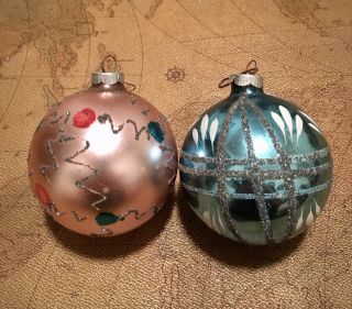 2 Large Vintage West Germany Blue &pink Hand Painted Glass Christmas Ornaments