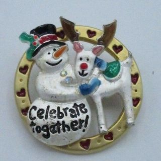 Ajmc Signed Vintage Pin Brooch Rhinestone Christmas Gold Silver Holiday Snowman