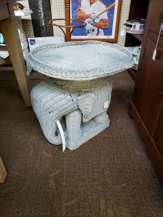 Vintage Wicker Elephant End Side Accent Table With Removable Tray