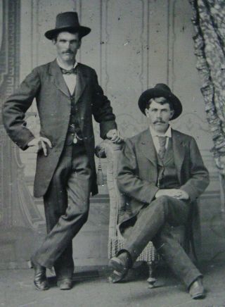 Antique Tintype Photo Of 2 Handsome Dapper Very Sexy Young Men Wearing Hats