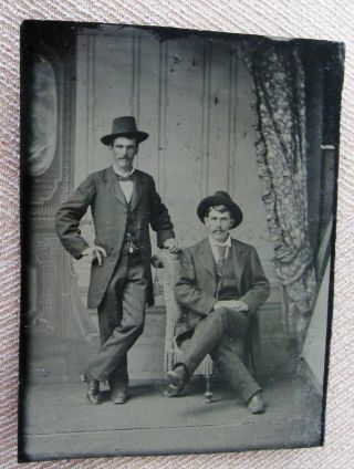 ANTIQUE TINTYPE PHOTO OF 2 HANDSOME DAPPER VERY SEXY YOUNG MEN WEARING HATS 2