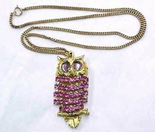 Vintage Gold Tone Owl Pendant Necklace W/ Pink Rhinestones 1960s
