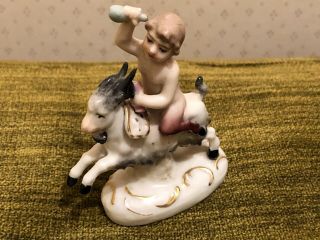 Antique Capodimonte Early Porcelain Miniature Figure Nude Boy Riding A Goat
