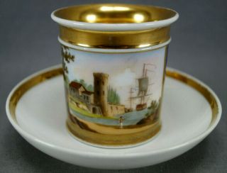 Antique Old Paris Porcelain Hand Painted Fort Boat Dock Scene Cobalt & Gold Cup