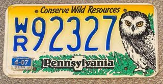 Pennsylvania 2007 Conserve Wild Resources Owl Graphic License Plate Wr 92327