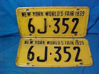 Matched Pair 1939 Ny Worlds Fair Automobile License Plates