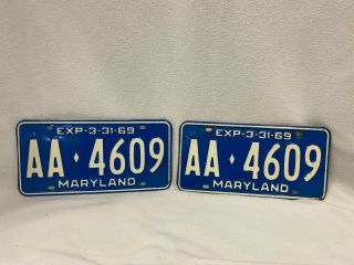 Vintage Maryland Md 1969 License Plates Pair Plate Aa 4609
