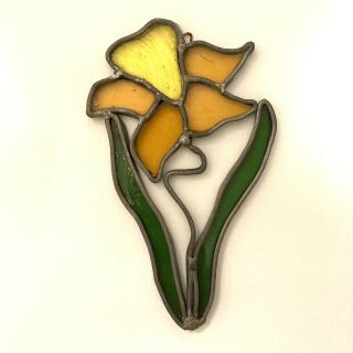 Vintage Stained Glass Sun Catcher Flower Daffodil Yellow Orange Green