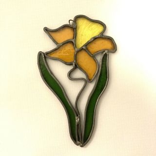 Vintage Stained Glass Sun Catcher Flower Daffodil Yellow Orange Green 2