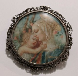 Antique 800 Silver Hand Painted Madonna Baby Jesus Pin Brooch Pendant