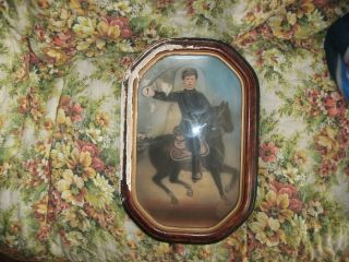 13 Top Antique Vintage Oval Wood Framed Hand Tinted Picture Of A Man On A Horse