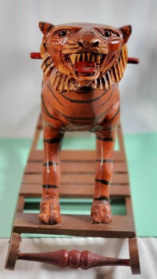Antique Rocking Horse Carved Wood Tiger