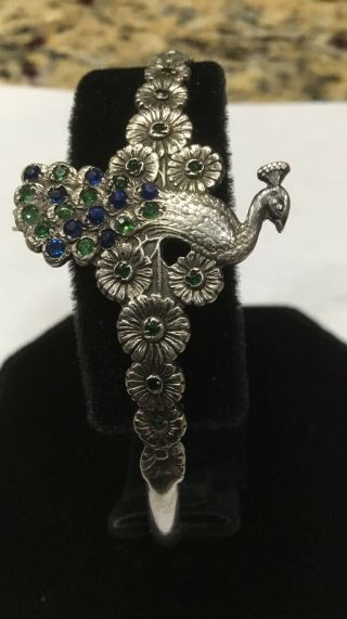 Antique Sterling Silver Peacock Bracelet With Blue & Green Feathers
