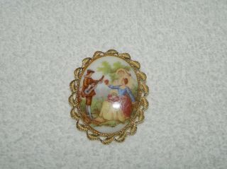 Vintage Signed Fragonard Courting Couple Porcelain Brooch Pin