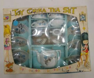 Vintage Toy China Tea Set With Box Made In Japan Blue Button Floral