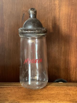 Vintage 4 Oz Hygeia Glass Baby Bottle With Rubber Nipple Duraglass