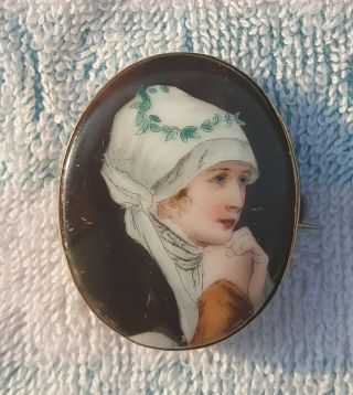 Antique Victorian Miniature Portrait Hand Painted Enamel Cameo Pin