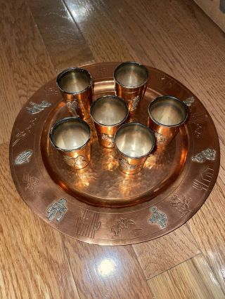 Antique Victoria Taxco Mexico Copper & Silver Shot Glasses Cups & Plate 269