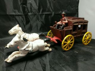 Vintage Cast Iron Stage Coach With Driver Horses