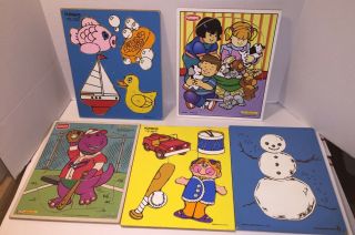 5 Vintage Wooden Puzzles Barney Snowman Bath Toys Kids Puppies Playskool Judy