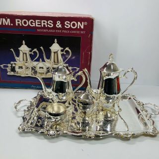Vintage Wm Rogers & Silverplated Coffee Tea Set 5 Piece Set W/ Tray Sh