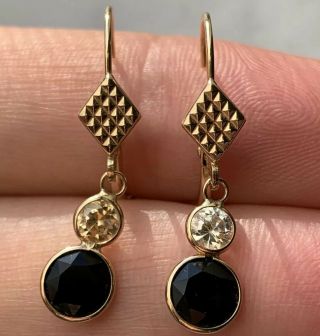 Vintage 14k 585 Yellow Gold Round Diamond Black Antique Drop Dangle H Earrings