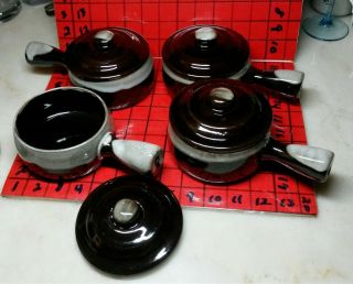 Vintage Set Of 4 Dk Brown Drip Glaze Soup Chili Bowl W/ Handles & Lids Japan