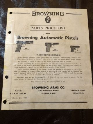 Vtg 1956 Browning Automatic Pistols 9mm.  38.  25 Cal.  Parts Price List