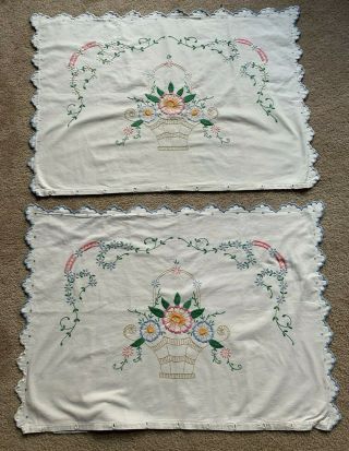 Vtg Embroidered Decorative Pillow Case Covers Flowers Basket 33x23