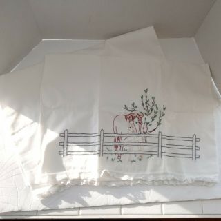 Vintage Embroidered Horse And Foal Pillow Cases (set Of 2)