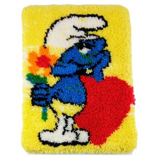 Smurf With Heart Latch Hook Wall Hanging Vintage Wonderart 18x24 Rug Complete