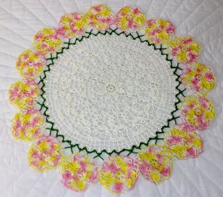 Vintage Hand Crocheted Large Doily,  Round,  Flower Design,  White,  Yellow,  Pink