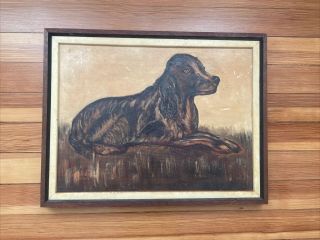 Vintage Oil On Canvas Painting Of A Spaniel Dog Signed By Artist