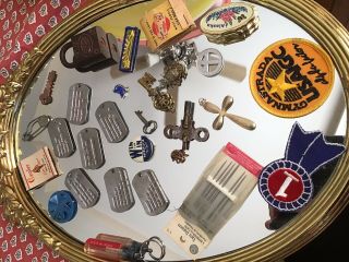 Vintage Estate Junk Drawer Out Old Lock Dog Tags Patches Button More