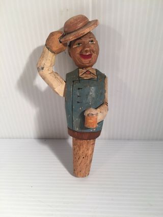 Vintage Anri Hand Carved Mechanical Bottle Stopper Man Tips Hat,  Holding A Beer