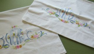 Vintage His & Hers Hand Embroidered Pillowcases Blue & Pink Floral